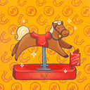 Illustration of a mechanical coin-operated horse ride, brown with a red saddle and a sign that reads "insert wishes here"
