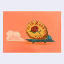 Illustration of a speeding cartoon pick-up truck, carrying a circular "de la Rosa" marzipan dessert.