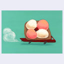 Illustration of a speeding cartoon pick-up truck, carrying a large "Sponch" Mexican cookie - a cookie base with 4 dots of white or pink marshmallow and a jelly in the center.