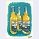 Painting of 3 bottles of Corona beer on a teal blue background.