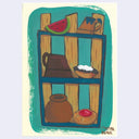 Painting of a blue shelf with wooden planks as its back, with pottery and pasteries.
