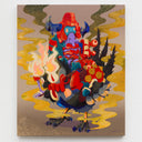 Colorful abstract painting of a helmeted character sitting stop of a large bird as a mount, the bird's eyes glow.