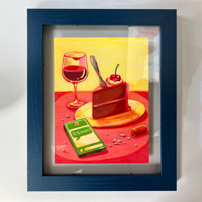 Drawing of a slice of red cake with a cherry on top, a fork juts out of the cake. On the table is a glass of wine, a spilled pill bottle and a smart phone that shows a text saying "it's over :/"