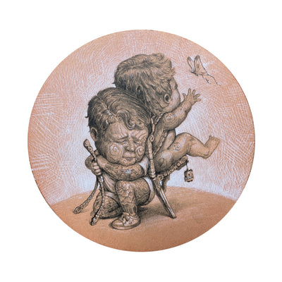Graphite illustration on tan toned paper circle of 2 stylized babies, akin to cherubs with more distorted faces. They stand back to back, one kneeling on the ground with a large wishbone and the other facing away, reaching for a butterfly.