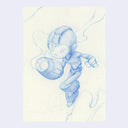 Blue pencil drawing on cream colored paper of Megaman in a slightly more stylized manner.