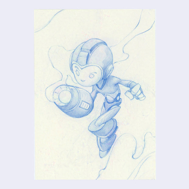 Blue pencil drawing on cream colored paper of Megaman in a slightly more stylized manner.