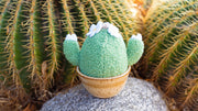 Plush sculpture of a cactus with large eyes and silly cartoon style overbite teeth. It has white claws on its hands white flowers on its head and sits in a brown ceramic pot.