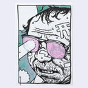 Painting of an older man with visible stubble and a largely receding hairline, seen close up. His mouth is slightly ajar and he wears a pair of pink tinted glasses, a beam of light shooting out of one of them.