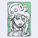 Painting featuring black line art and white background with light green accent coloring of a manga style androgynous character wearing a helmet covered with tentacles. They are seen only from the neck up and look off blankly.