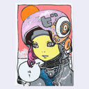 Painting with bright colors and a salmon pink background of a manga style yellow androgynous character, wearing a pink helmet and looking off to the side. A speech bubble comes out their mouth with Japanese Kanji.