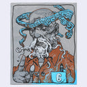 Painting of a bald old man with a long wavy white beard, wearing an orange shirt with the number 6 on the chest pocket. A blue circular pattern goes around his head.