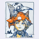 Painting with bright colors and a stark white background of a manga style androgynous character, wearing an orange mechanical helmet with horns. A bird head peeks out atop it and a small town can be seen in the background.