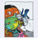 Painting with bright colors and a stark white background of a manga style androgynous green faced character, wearing an orange mechanical helmet with a small blue dinosaur style creature on the side.