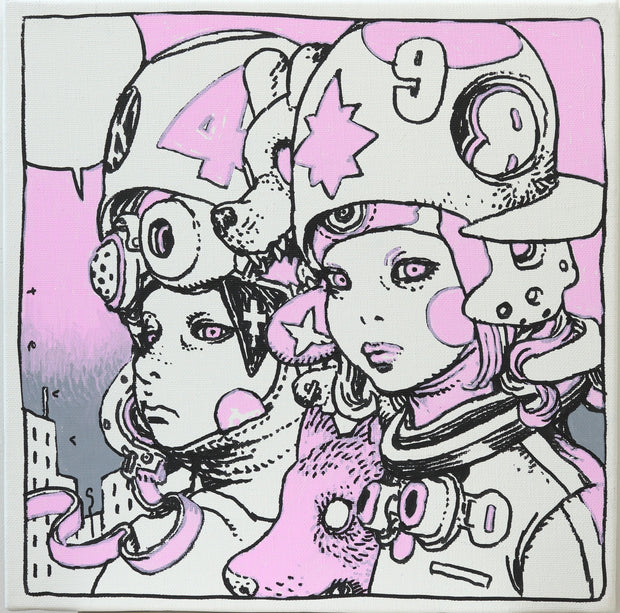Painting with pink and a stark white background of 2 manga style androgynous characters, wearing mechanical style helmets with numbers written on the side. They look off to the left and have a pink dog between them. A city can be seen in the background.