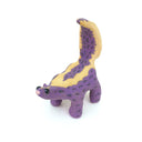 Ceramic sculpture of a purple skunk, done in a cartoon style with large bulbous black eyes and a very small, skinny head.