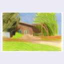 A colored pencil landscape drawing of a modern brown house with a covered porch, surrounded by green trees and grass, with a blue sky, centered on a light gray background.