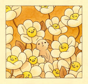Yellow monochrome illustration of a simplistic round headed character standing between many large daisies with smiling faces. They have long wavy stems and sparse leaves.