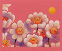 Illustration on pink paper of several stylized white daisy flowers, with rounded, puffy petals and yellow centers with simply drawn faces. They all smile, aside from one who cries. A small nude character sits inside one of the flowers.