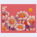 Illustration on pink paper of several stylized white daisy flowers, with rounded, puffy petals and yellow centers with simply drawn faces. They all smile, aside from one who cries. A small nude character sits inside one of the flowers.