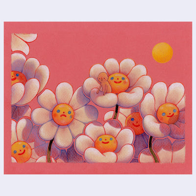 Illustration on pink paper of several stylized white daisy flowers, with rounded, puffy petals and yellow centers with simply drawn faces. They all smile, aside from one who cries. A small nude character sits inside one of the flowers.