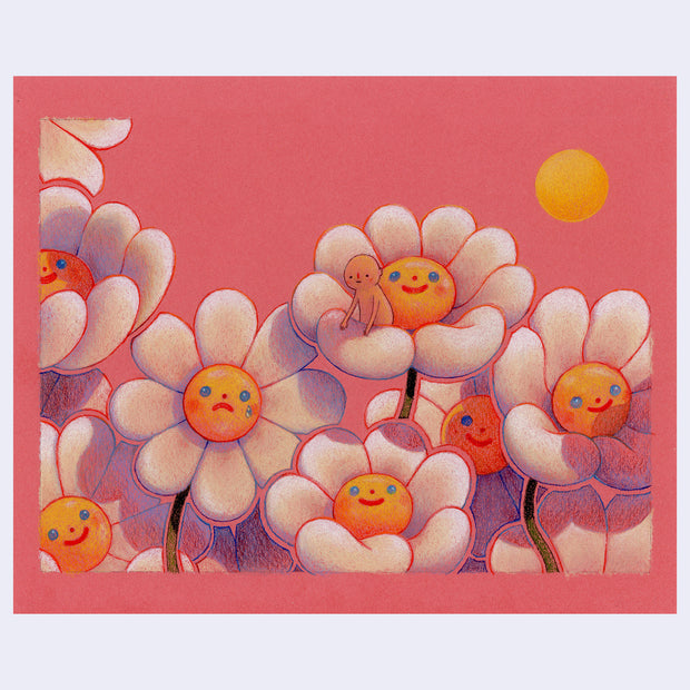 Illustration on pink paper of several stylized white daisy flowers, with rounded, puffy petals and yellow centers with simply drawn faces. They all smile, aside from one who cries. A small nude character sits inside one of the flowers.