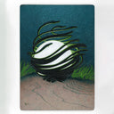 Painting of a white sphere, glowing lightly with many thin, small eels wrapped around it. The eels are mostly black with a green under glow, lit from the sphere. They emerge out of sand under water.