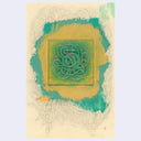 Painting of a thin green snake with a very, very long body all wrapped around itself. It is within a square with green and yellow paint outside the square and a faint pencil drawing of another snake behind.