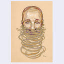 Illustration on tan paper of a bald man's head, with the lower half of his face being unraveled into thin yellow strings.