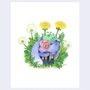 Illustration of a small red panda character, wearing a purple cloak and standing near a purple fox, much larger as if a mount. They stand near dandelions.