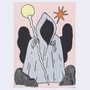 Painting of a cartoon grim reaper wearing a gray cloak and holding a light orb staff. Background is light pink.