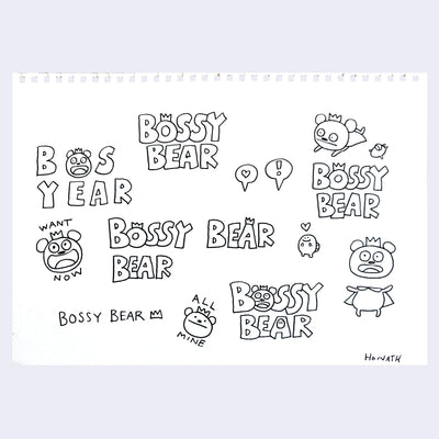 Black ink line art drawings of the Uglydoll character, Bossy Bear.
