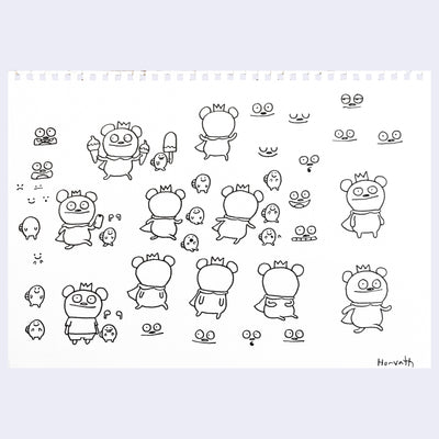 Black ink line art drawings of the Uglydoll character, Bossy Bear.
