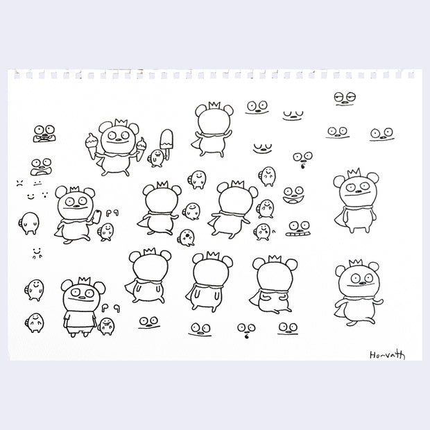 Black ink line art drawings of the Uglydoll character, Bossy Bear.