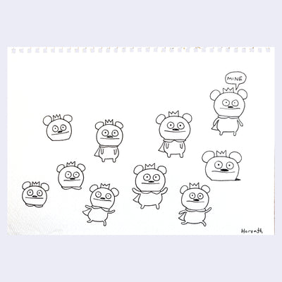 Black ink line art drawings of the Uglydoll character, Bossy Bear.
