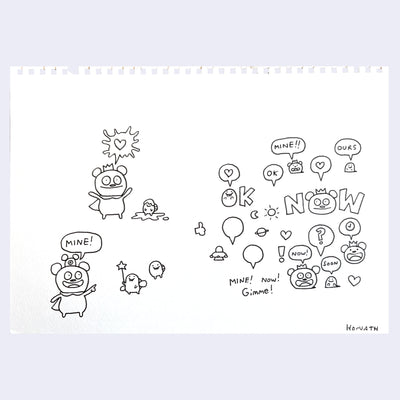Black ink line art drawings of the Uglydoll character, Bossy Bear.