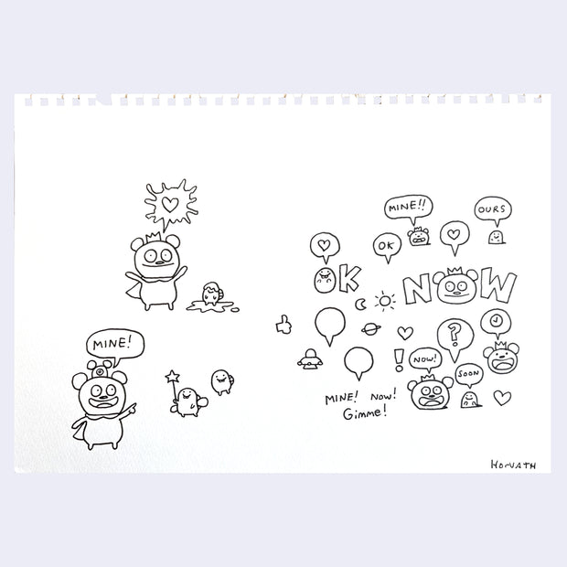 Black ink line art drawings of the Uglydoll character, Bossy Bear.