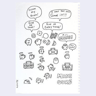 Black ink line art drawings of the Uglydoll character, Bossy Bear.