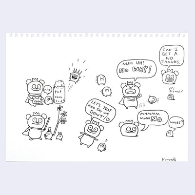 Black ink line art drawings of the Uglydoll character, Bossy Bear.