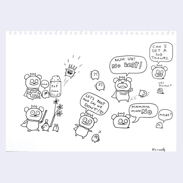 Black ink line art drawings of the Uglydoll character, Bossy Bear.