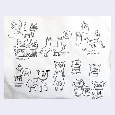 Black ink sketch of Uglydoll characters