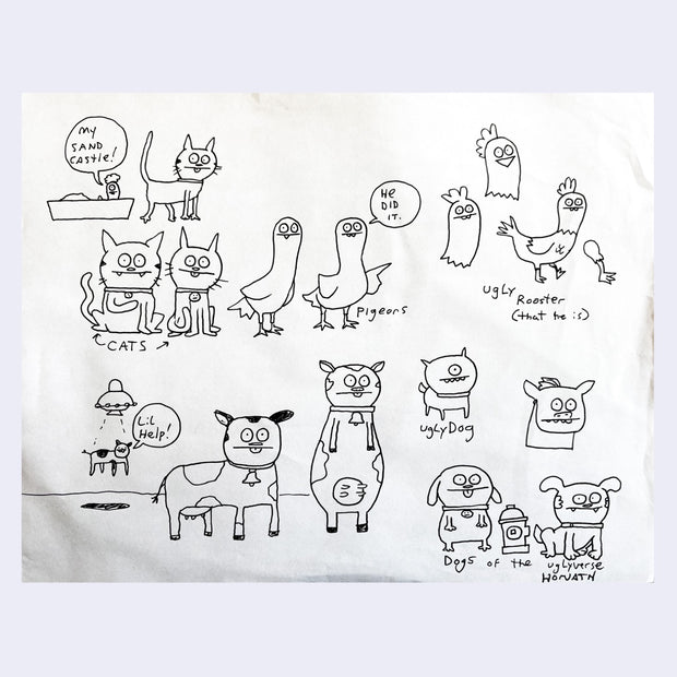 Black ink sketch of Uglydoll characters