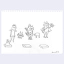 Ink illustration of several cartoon characters standing in various outfits, one is dressed as Robin Hood.