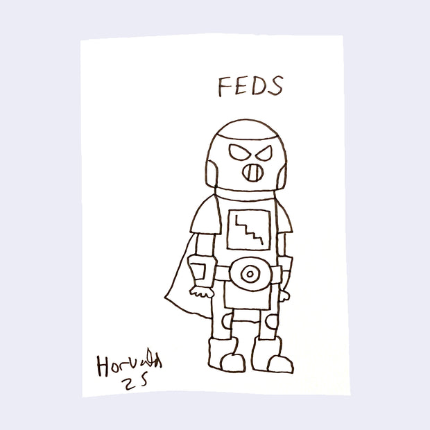 Ink illustration on paper of a robot.