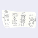 Ink Illustration of 4 cartoon characters dressed in various costumes, one as a wizard and another as a whale.