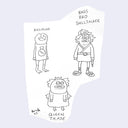 Ink illustration of 3 cartoon characters, one a frog with a money bag designed sweater and the other 2 in various outfits.