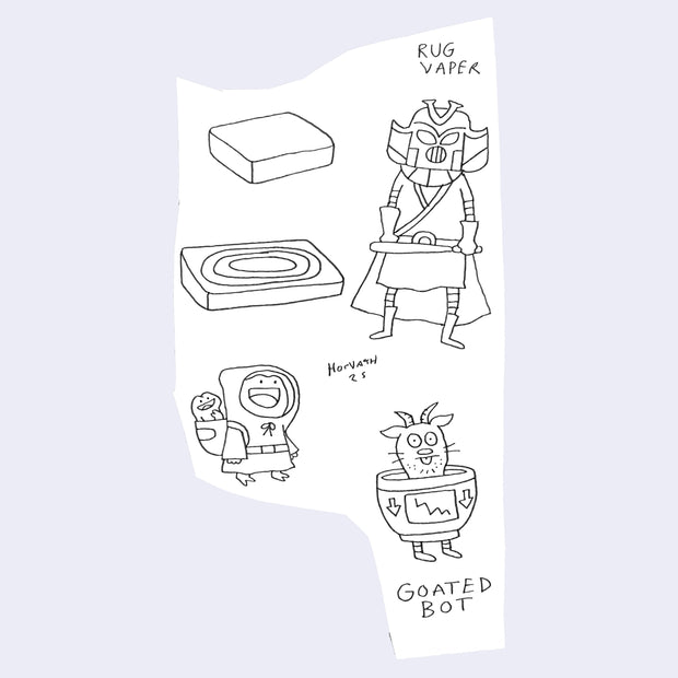 Ink illustration of a mock up of Darth Vader and of a cartoon goat as a robot.