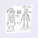 Ink illustration of 2 robot characters, one with the head of an ATM.