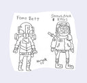 Ink drawing of 2 characters, one is a mock up of a Star Wars character and the other is of a snowy survivor type.