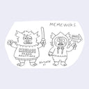 Ink drawing on white cut paper of 2 fluffy ewok style monsters with signs and sweaters.
