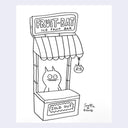 Ink illustration on white paper of a cute monster character (Ice Bat) sitting at a food stall that says "sold out" on the front and a sign that says "Fruit-Bat Ice Fruit Bar"